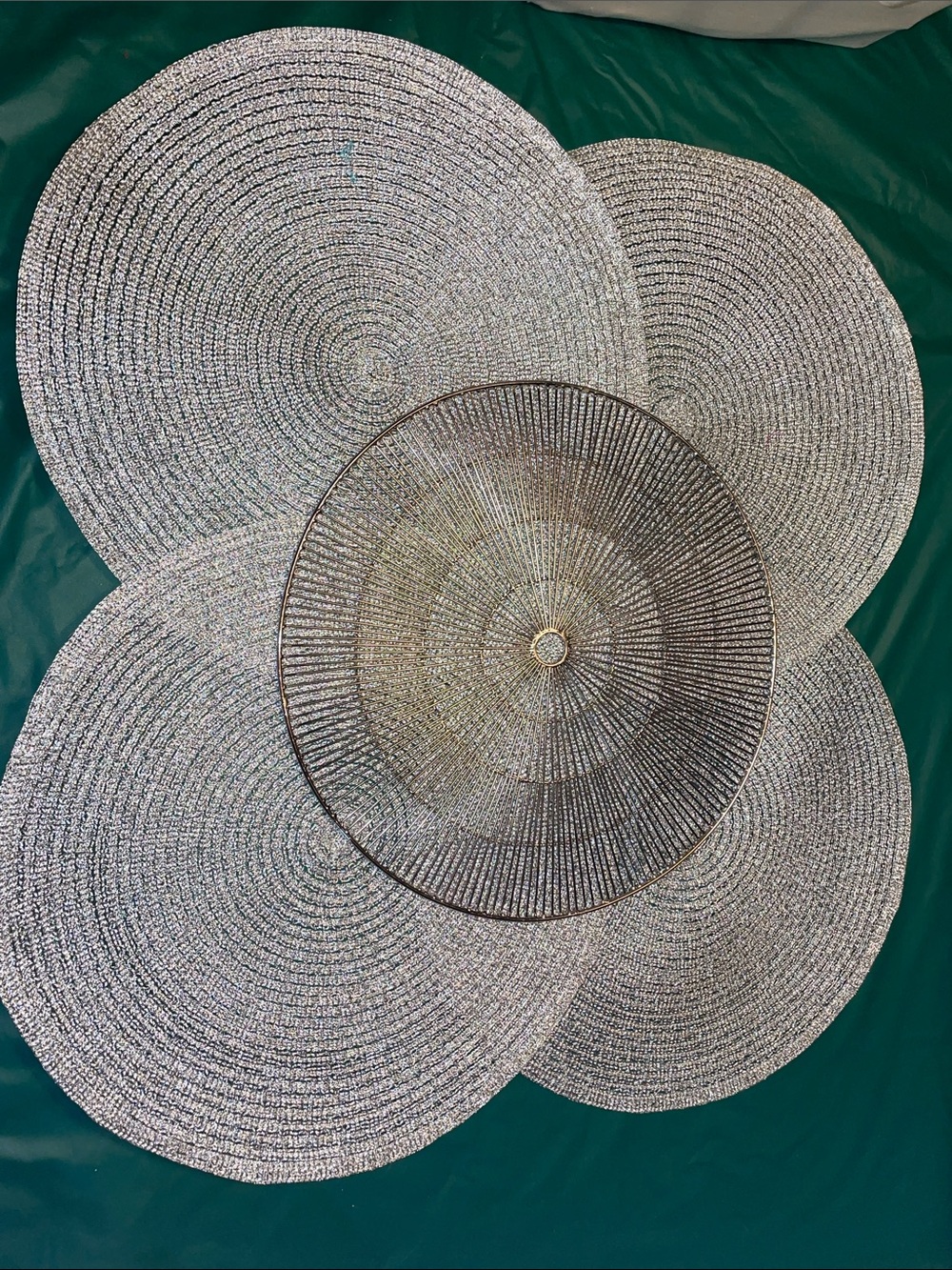 Crate&Barrel Silver Woven Round Placemats with Decorative Charger
